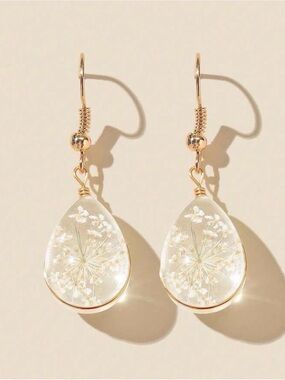 Gold Teardrop Earrings with White Floral Resin Inlay - Women Jewelry